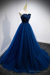 Elegant Blue Velvet And Tulle Long Prom Dress Strapless